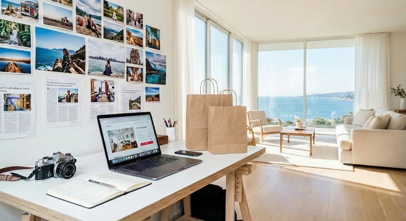 Side-hustle workspace with receipts and laptop